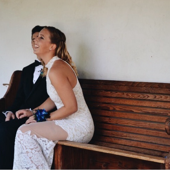 Maxi Halter Dress White Floral with Mesh Detailing - Picture 2 of 8